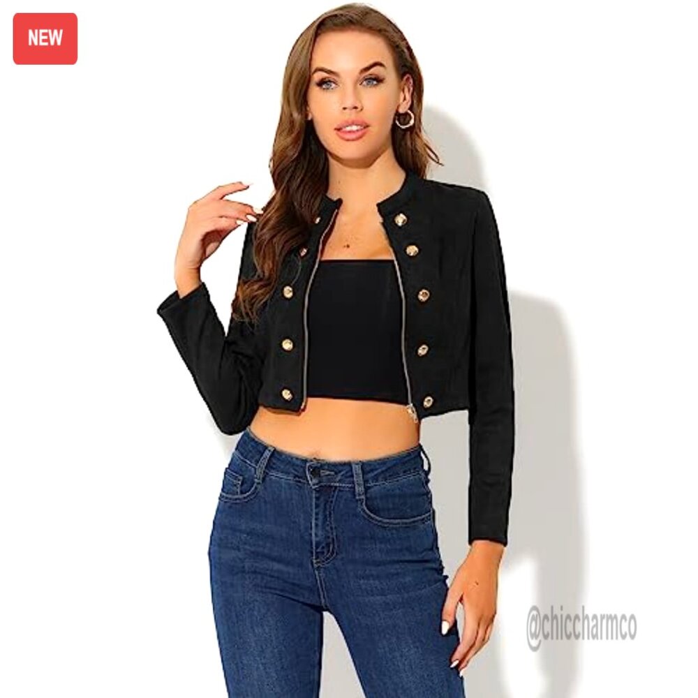 Cropped Faux Suede Jacket Double Breasted Zip Up Vintage Moto Style - Picture 3 of 5